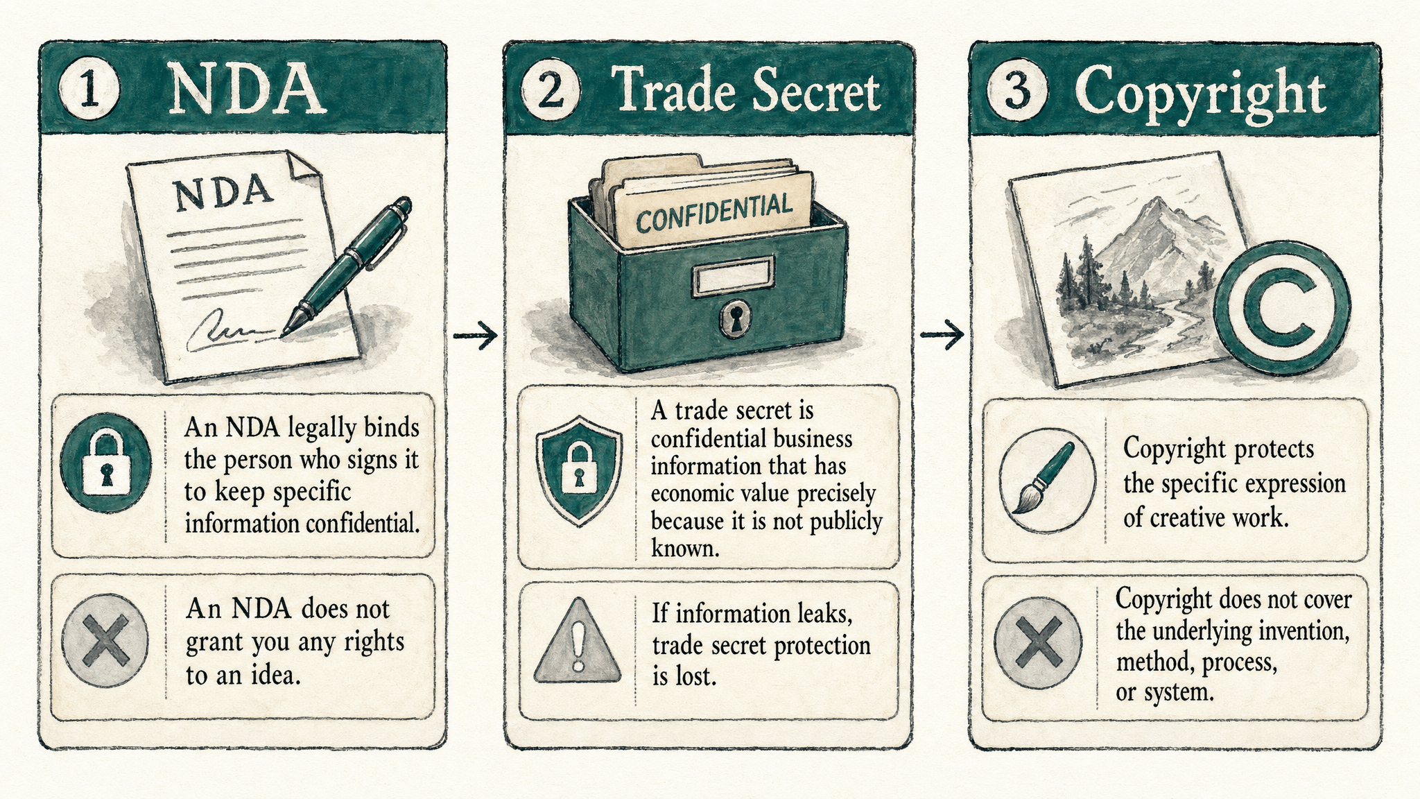 Three ordered panels for NDA, Trade Secret, and Copyright, each showing what the tool protects and the key boundary where that protection stops. Exclude investor-pitch norms, idea disclosure agreements, and copyright registration detail.