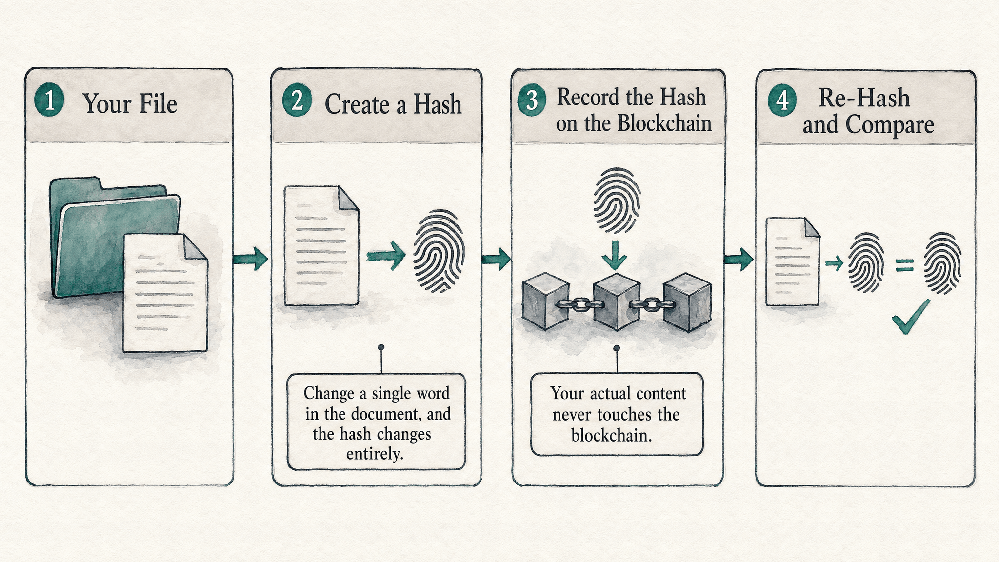 Four-step process flow showing a file becoming a hash, the hash being recorded on the blockchain, and later verification by re-hashing and comparing, with attached privacy and tamper-evidence callouts.