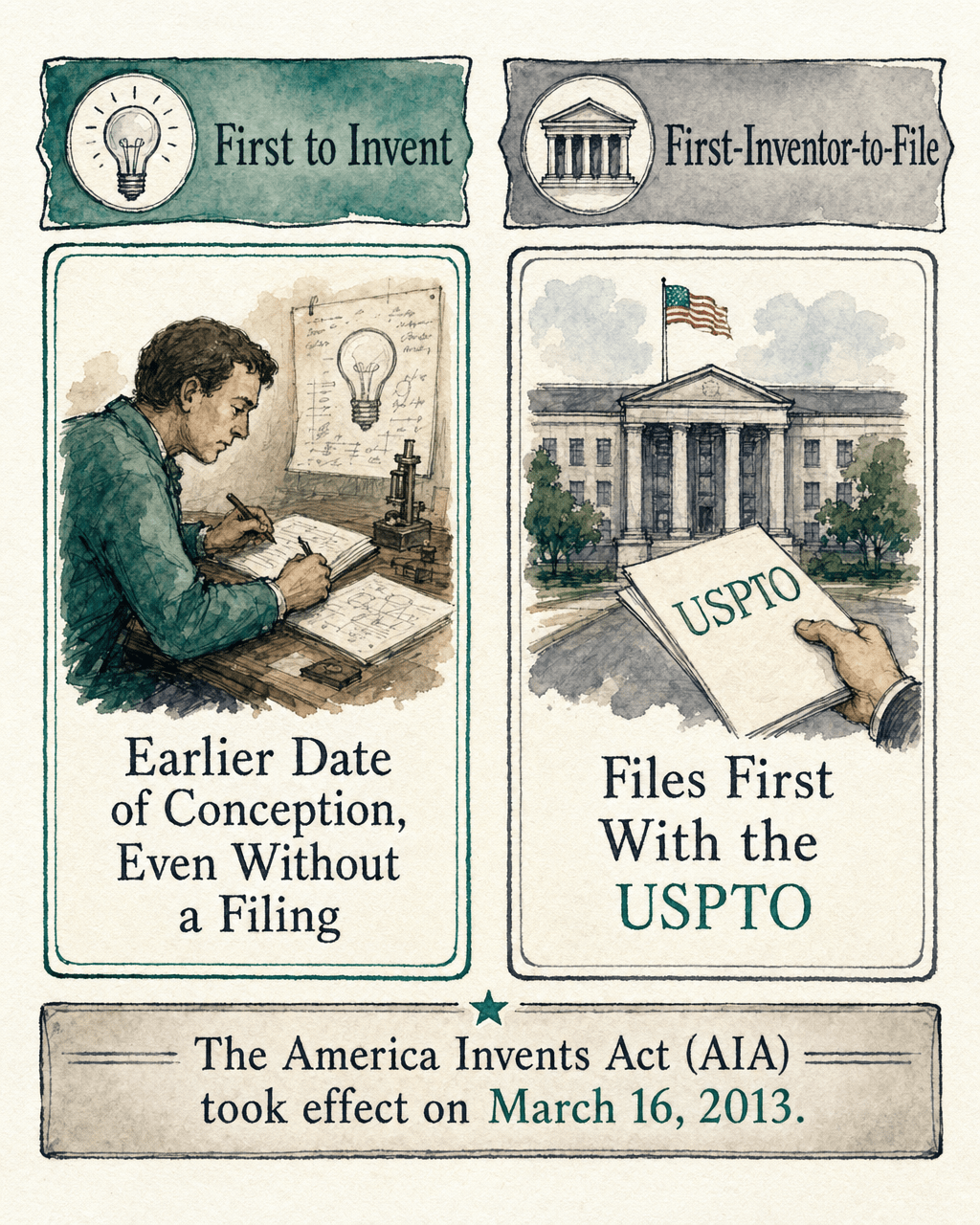 Grouped two-lane comparison of First to Invent and First-Inventor-to-File with the AIA effective-date anchor and one priority-rule statement owned by each lane.